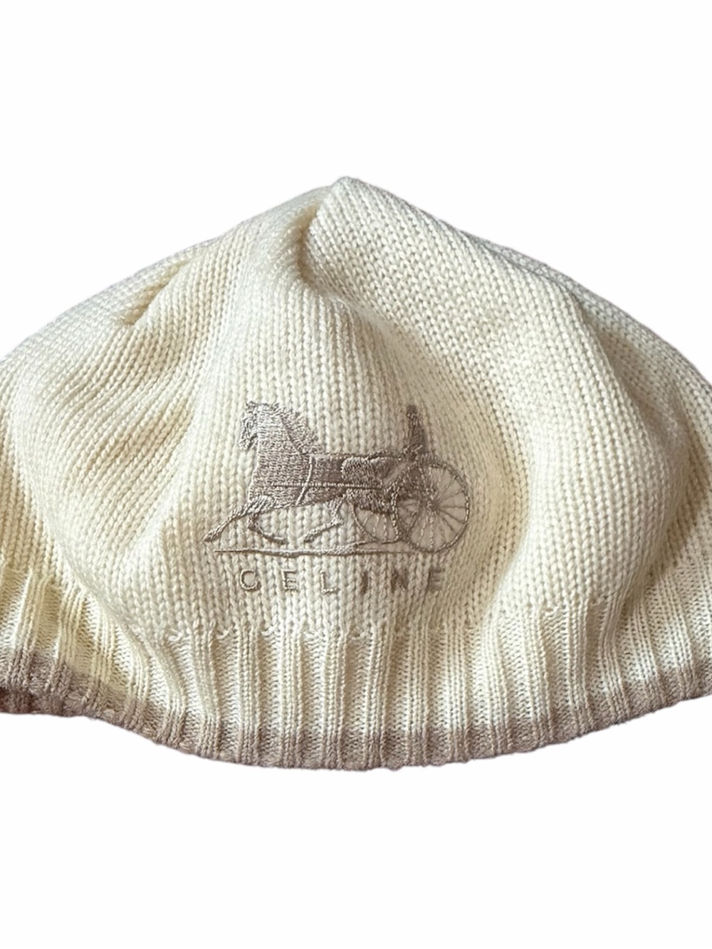 Celine Cream Knit Kids Beret with Horse & Carriage Motif